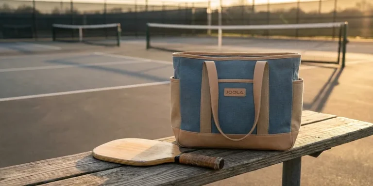 stylish joola pickleball bag on a courtside bench, pickleball paddle beside it