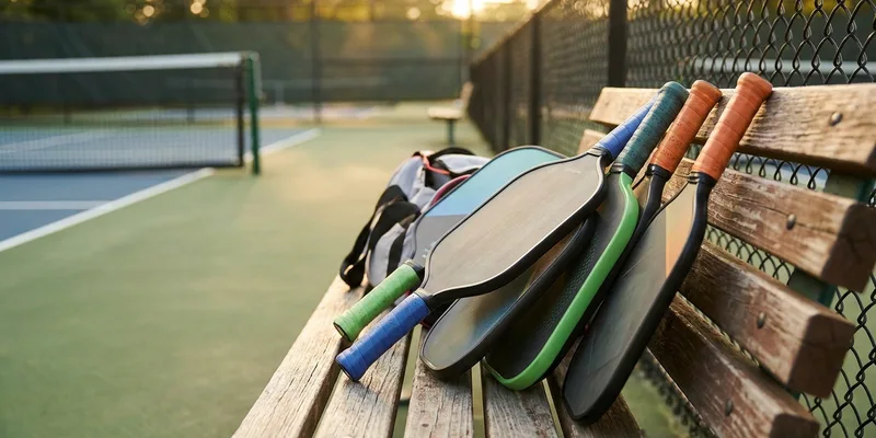 several modern pickleball paddles arranged on a court bench