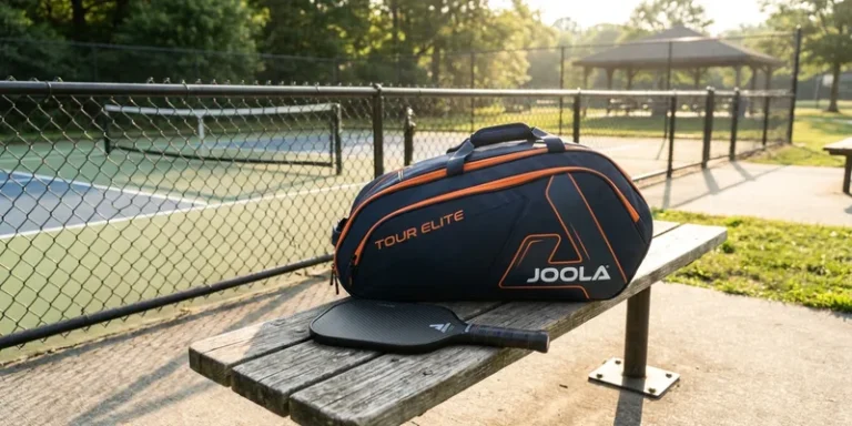 stylish joola tour elite pickleball bag on a courtside bench, pickleball paddle beside it
