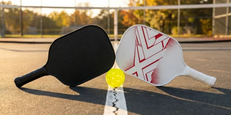 Two contrasting premium pickleball paddles facing each other across the net line