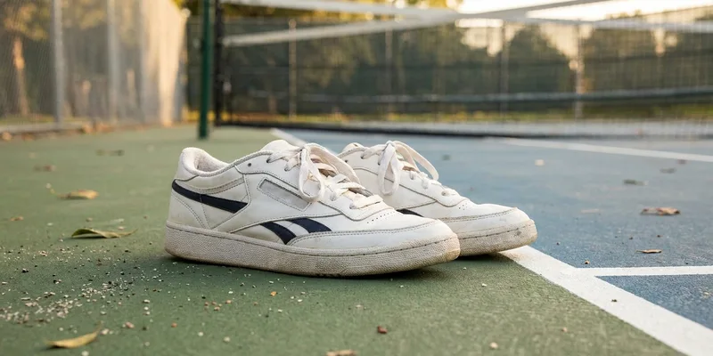 Classic white leather court shoes at the edge of a pickleball court