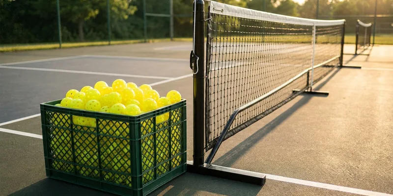 Crate full of yellow outdoor pickleballs beside a portable net