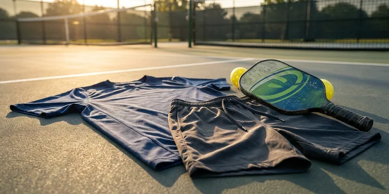 men's athletic shorts and shirt laid out with a pickleball paddle