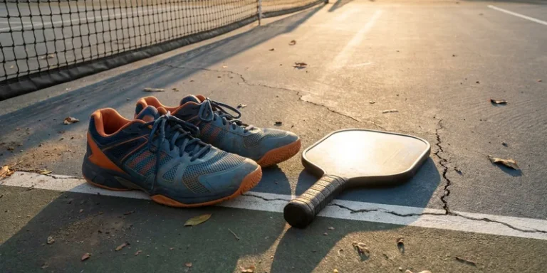 pair of court shoes (mens pickleball shoes) beside a pickleball paddle on an outdoor court