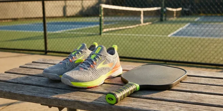 Grey court shoes with neon accents on a courtside bench