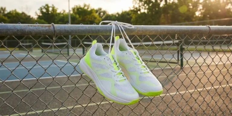 Lightweight court sneakers hanging over a pickleball court fence