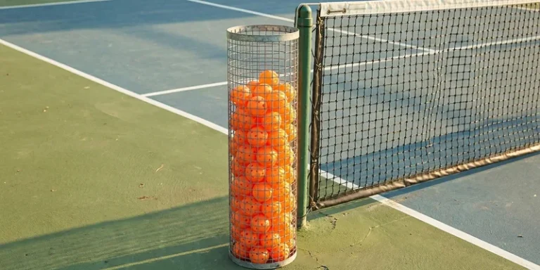 Tube of orange pickleball balls standing near the net