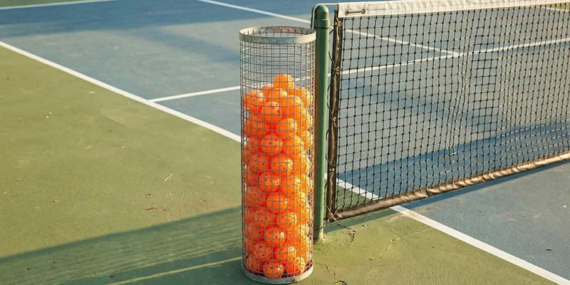 Tube of orange pickleball balls standing near the net