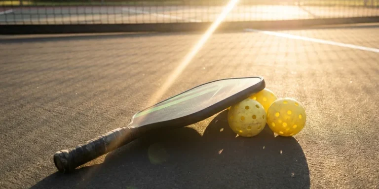 Black and green pickleball paddle with three balls on the court
