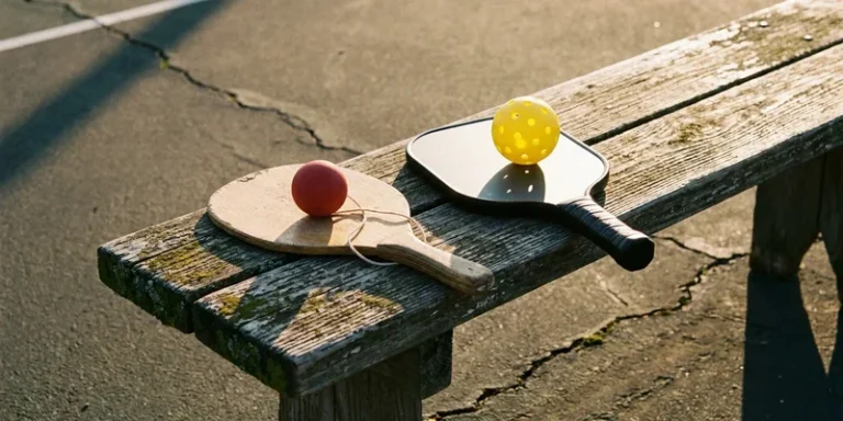 Wooden paddleball paddle with rubber ball beside a pickleball paddle with perforated ball