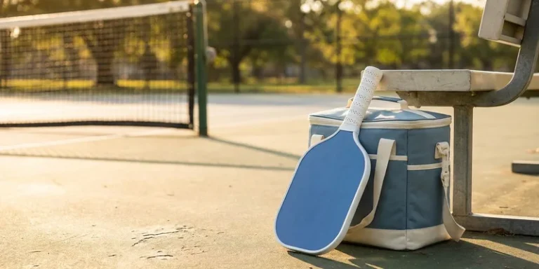 Blue and white pickleball paddle leaning against a cooler bag