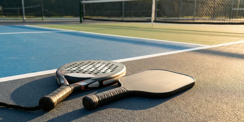 padel racket and pickleball paddle side by side on a court