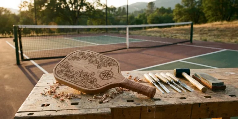 pickleball paddle on a craftsman workbench with engraving tools beside it