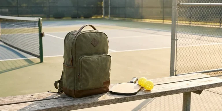 stylish pickleball backpack on a courtside bench, pickleball paddle beside it