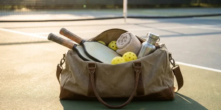 open pickleball bag with paddles, balls, towel and water bottle laid out