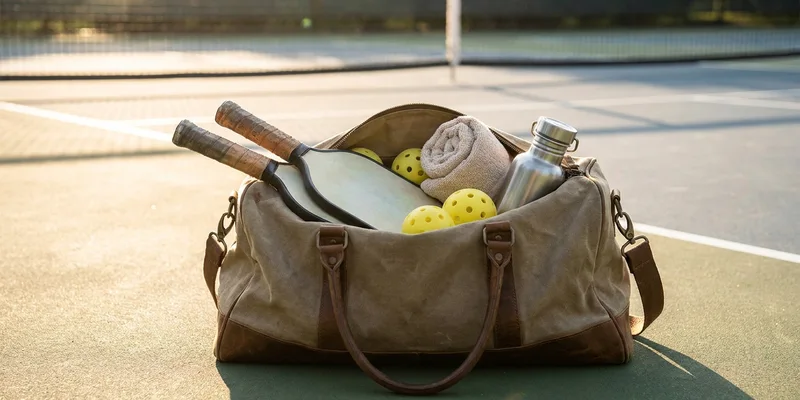 open pickleball bag with paddles, balls, towel and water bottle laid out