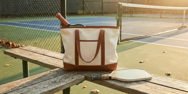 stylish pickleball bag on a courtside bench, pickleball paddle beside it