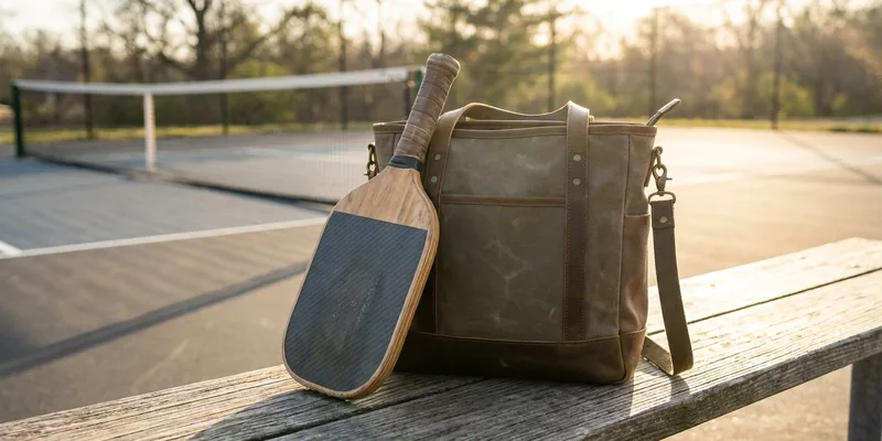 stylish pickleball bag for men on a courtside bench, pickleball paddle beside it