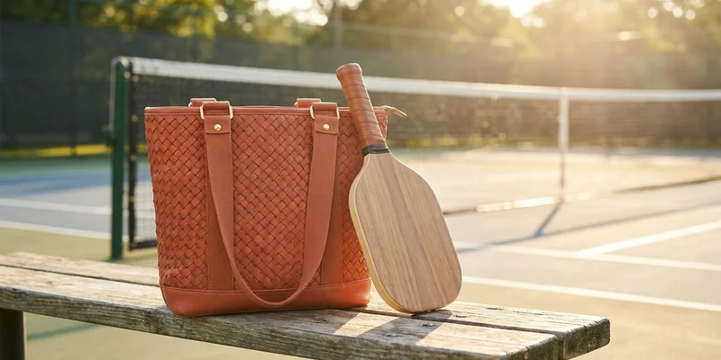 stylish pickleball bag for women on a courtside bench, pickleball paddle beside it