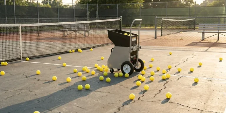 pickleball ball machine on a court with balls scattered