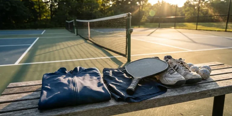 athletic sportswear and a pickleball paddle laid out on a bench