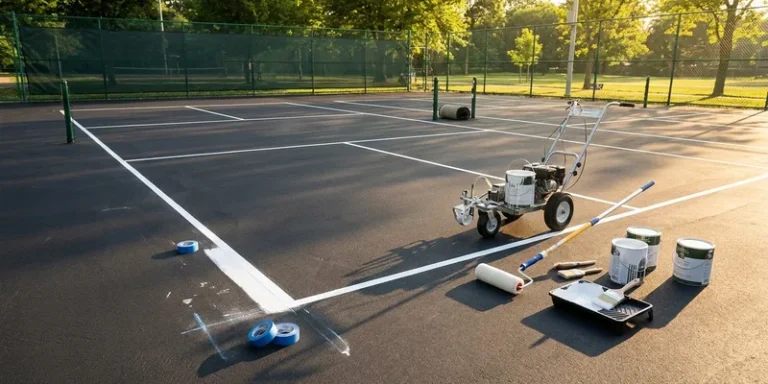 freshly surfaced new pickleball court with line striping tools and paint roller