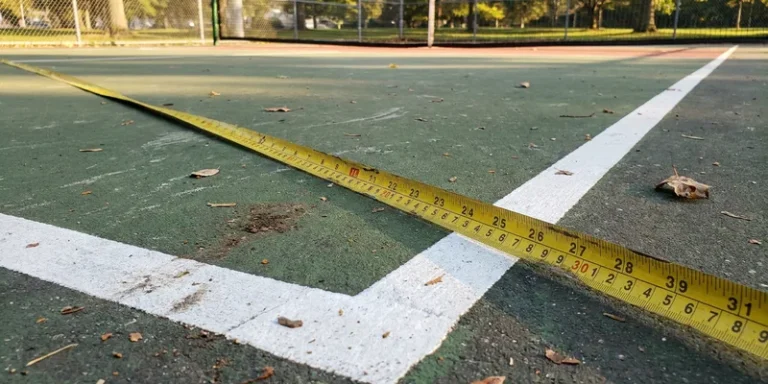 measuring tape lying along the sideline of a pickleball court