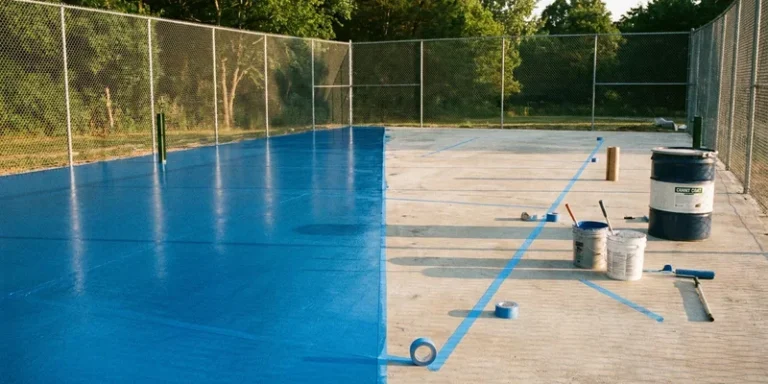 half-finished pickleball court with fresh acrylic surface and masking tape lines