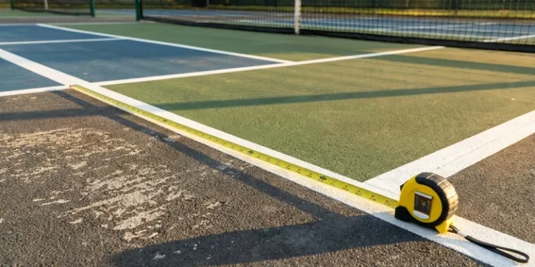measuring tape stretched along the baseline of an outdoor pickleball court