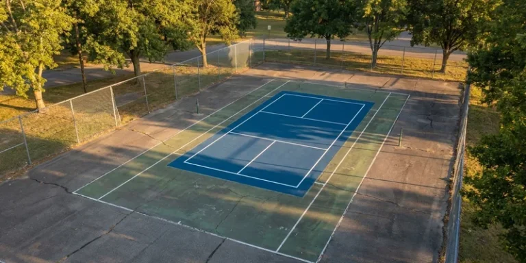 pickleball court painted inside a larger tennis court, aerial angle