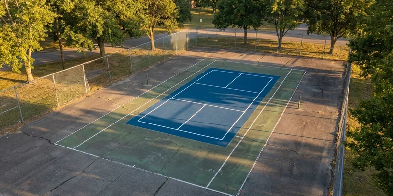 pickleball court painted inside a larger tennis court, aerial angle