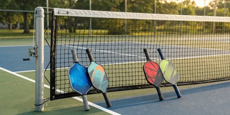 four pickleball paddles leaning in pairs against the net