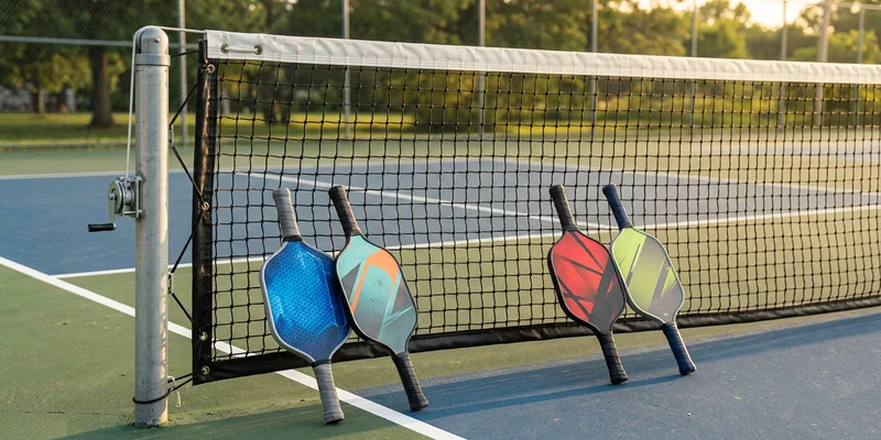 four pickleball paddles leaning in pairs against the net