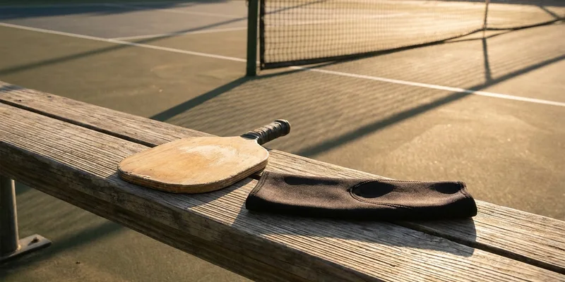 pickleball paddle and an elbow compression sleeve on a courtside bench
