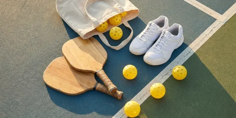 flat lay of pickleball equipment: paddles, balls, court shoes and a bag