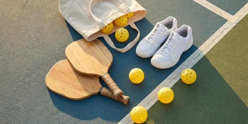 flat lay of pickleball equipment: paddles, balls, court shoes and a bag