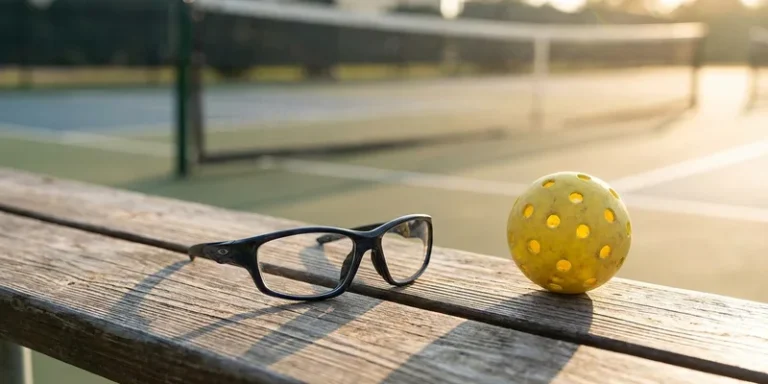 sports protective glasses next to a pickleball on a courtside bench