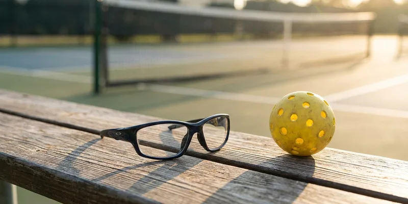 sports protective glasses next to a pickleball on a courtside bench