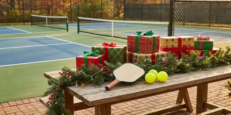 wrapped gift boxes beside a pickleball paddle and bright yellow balls on a festive table