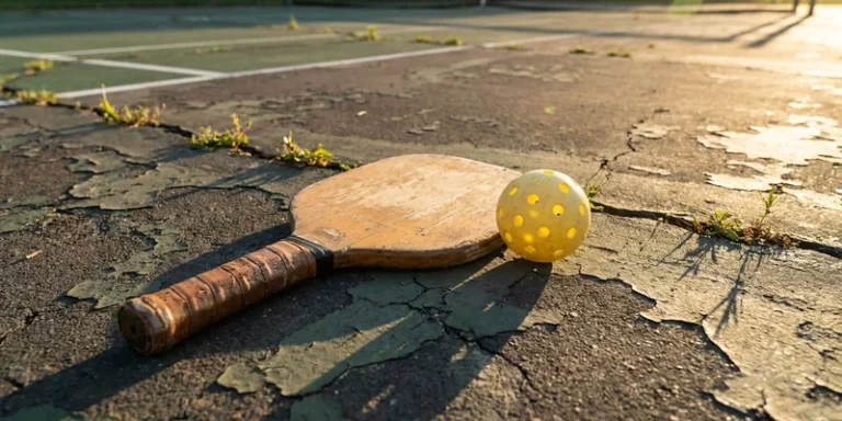 vintage wooden paddle and perforated plastic ball on a weathered outdoor court