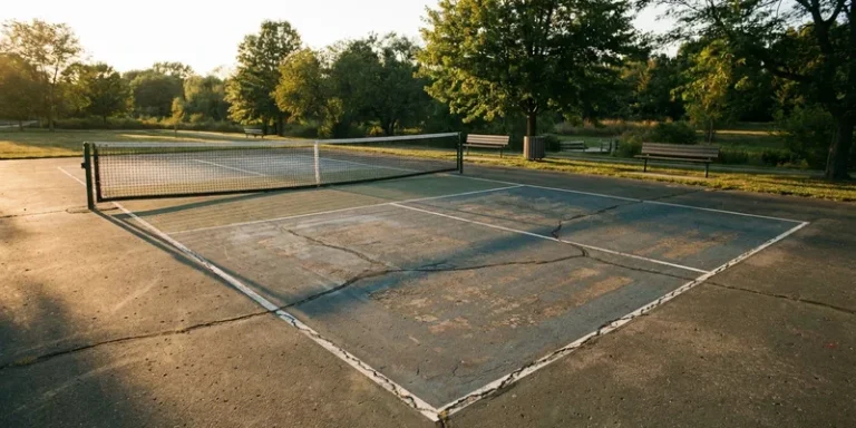 wide view of a pickleball court showing the non-volley zone area in front of the net