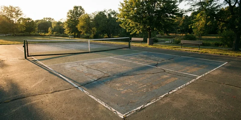 wide view of a pickleball court showing the non-volley zone area in front of the net
