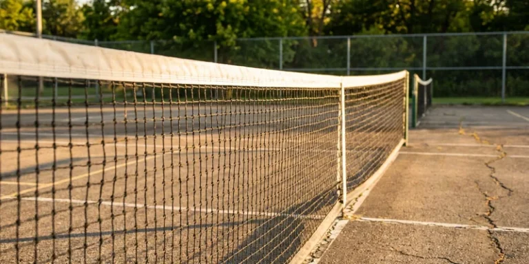 pickleball net set up on an outdoor court, close view
