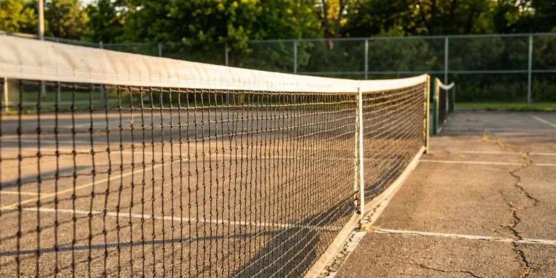 pickleball net set up on an outdoor court, close view