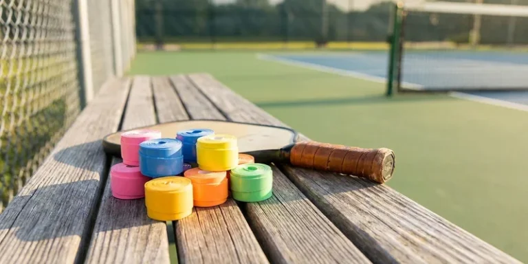 colorful overgrip rolls beside a pickleball paddle handle on a court bench