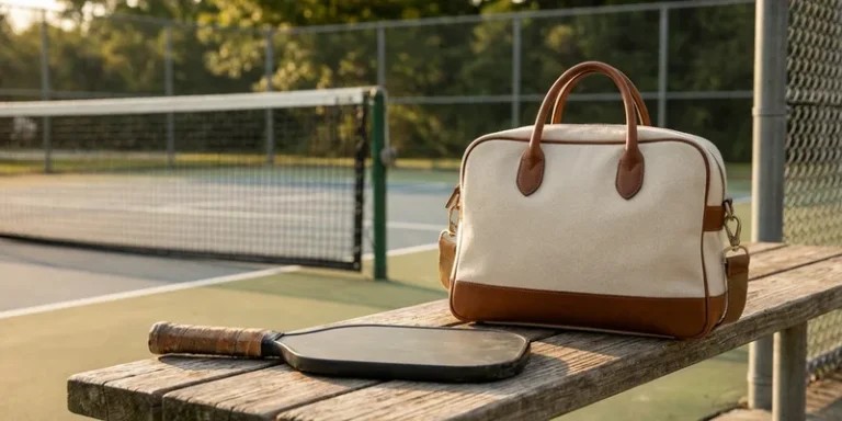stylish pickleball paddle bag on a courtside bench, pickleball paddle beside it
