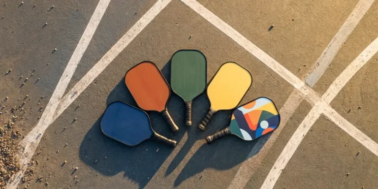 Five different pickleball paddles fanned out on the court