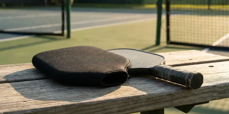 neoprene paddle cover sleeve next to a pickleball paddle on a courtside bench