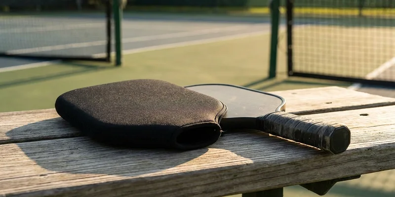 neoprene paddle cover sleeve next to a pickleball paddle on a courtside bench
