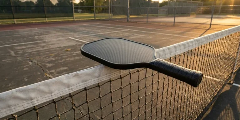 premium pickleball paddle resting on the net tape of an outdoor court